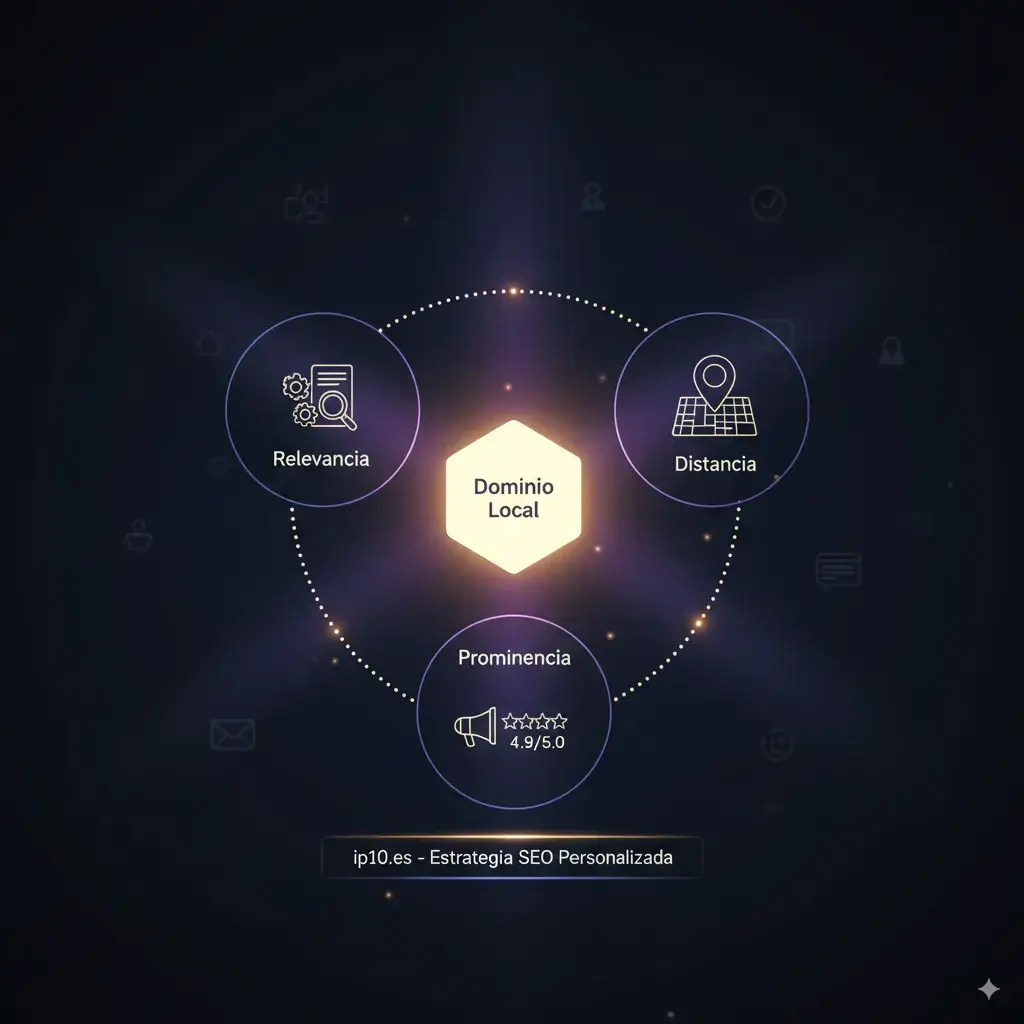Un grafico que represente los tres pilares del SEO local Relevancia Distancia y Prominencia quizas con iconos que los simbolicen engranajes para relevancia un mapa para distancia estrellas o un m