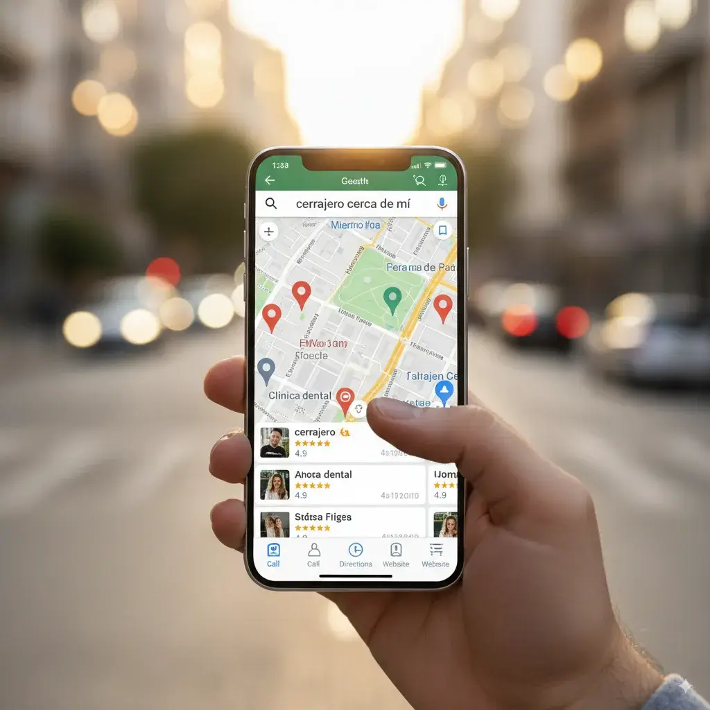 Una persona usando un telefono movil y la aplicacion de mapas de Google con varios negocios locales resaltados. Esto ilustra el escenario del usuario buscando un negocio cerca de mi