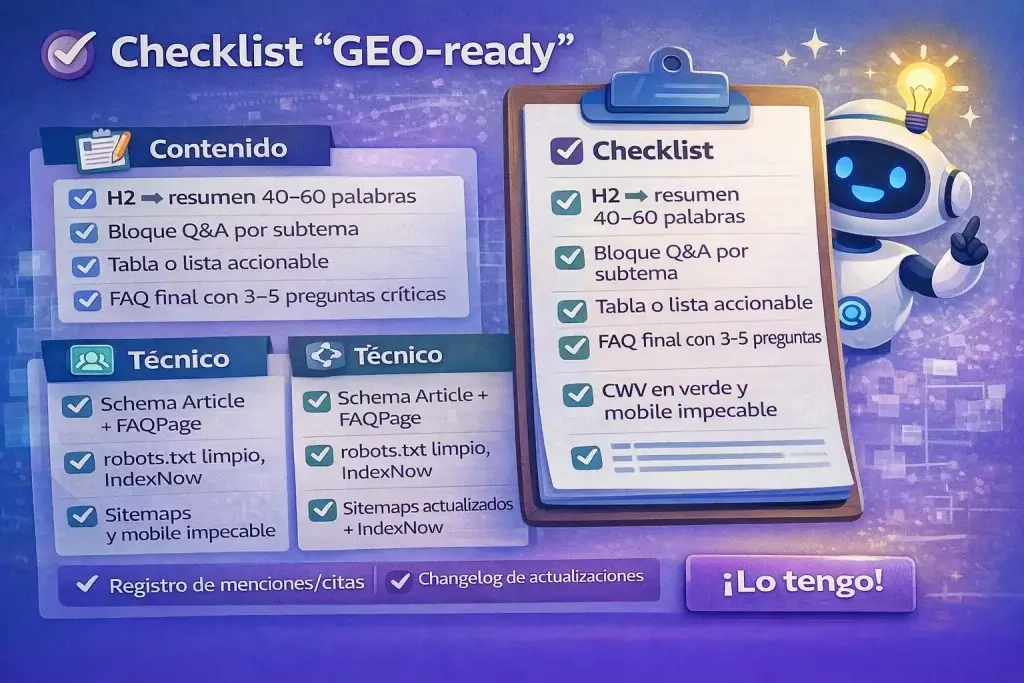 Checklist GEO-ready con requisitos de contenido, técnica y medición para optimizar SEO para IA.