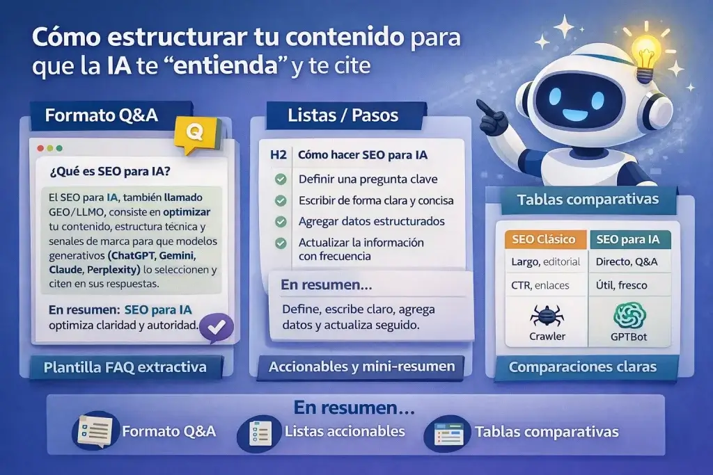 Estructura de contenido SEO para IA con formato Q&A, listas accionables y tablas comparativas para ser citado.