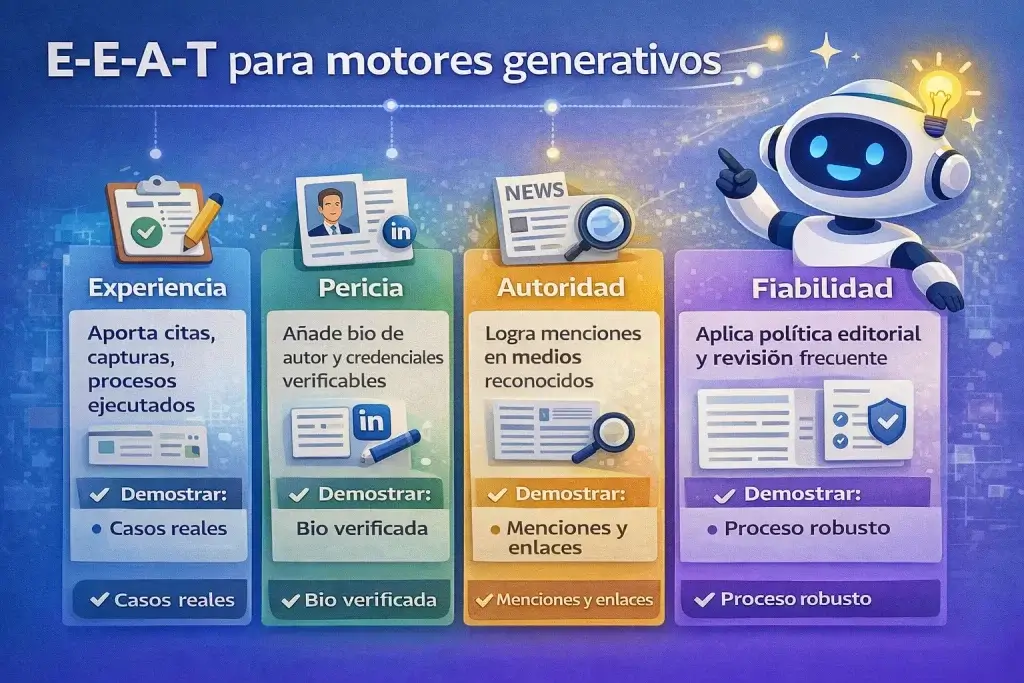 E-E-A-T para motores generativos con experiencia, pericia, autoridad y fiabilidad aplicadas al SEO para IA.