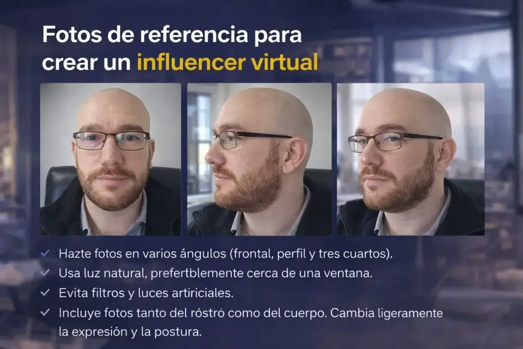 Fotos de referencia en distintos ángulos para crear un influencer virtual hiperrealista con IA