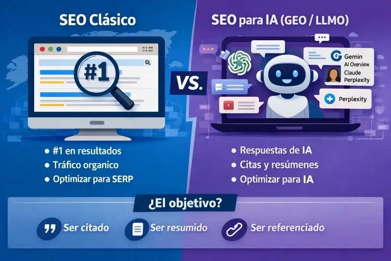 Comparativa visual entre SEO clásico orientado a SERP y SEO para IA enfocado en citas y respuestas generativas.