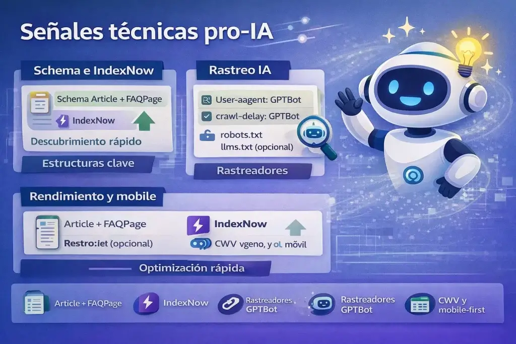 Señales técnicas pro-IA con schema, IndexNow, rastreadores como GPTBot y optimización mobile-first.