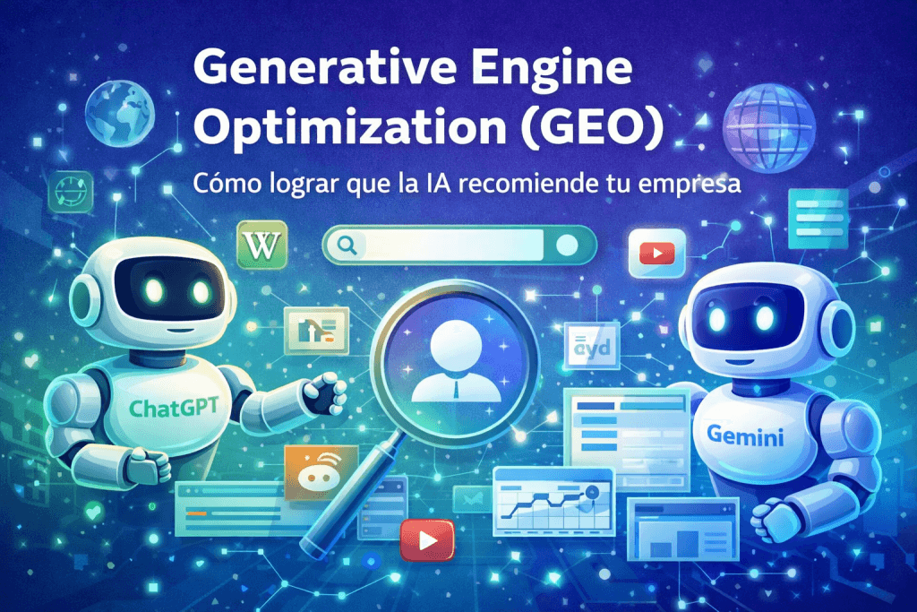 Ilustración sobre Generative Engine Optimization con ChatGPT y Gemini recomendando una empresa en un entorno digital.