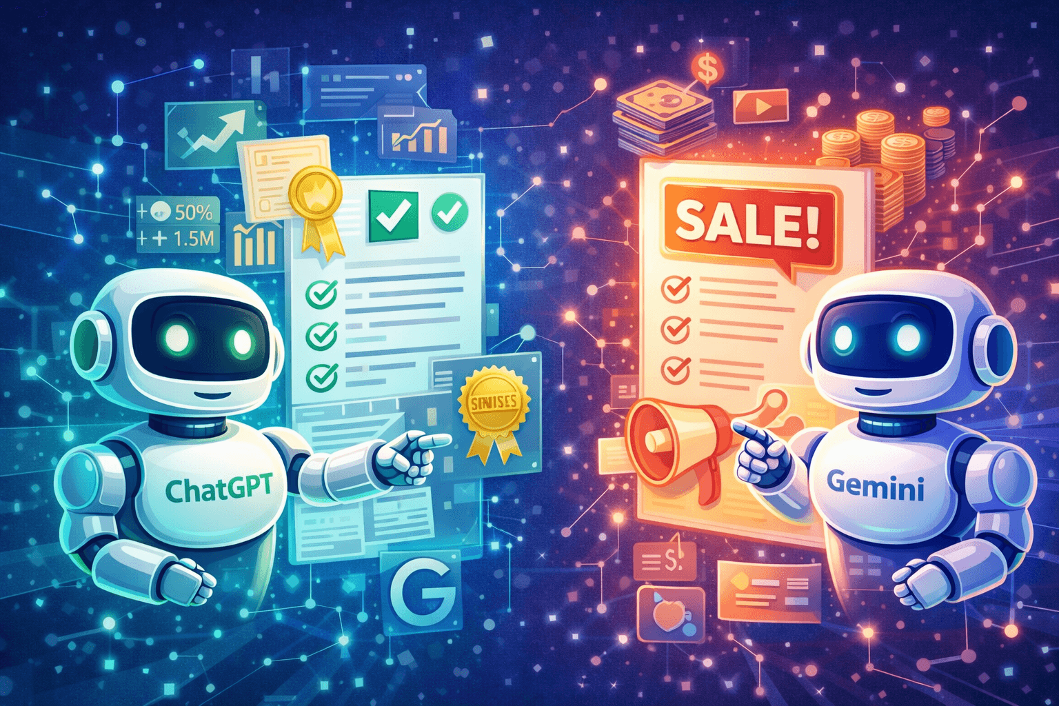 Ilustración comparativa entre contenido factual y contenido promocional en estrategias de Generative Engine Optimization (GEO).