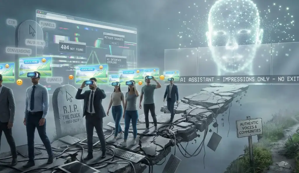 Ilustración sobre la hipernormalización en Internet: usuarios con gafas de realidad virtual caminan hacia un asistente de IA basado en impresiones, mientras el click y las métricas tradicionales quedan obsoletas.