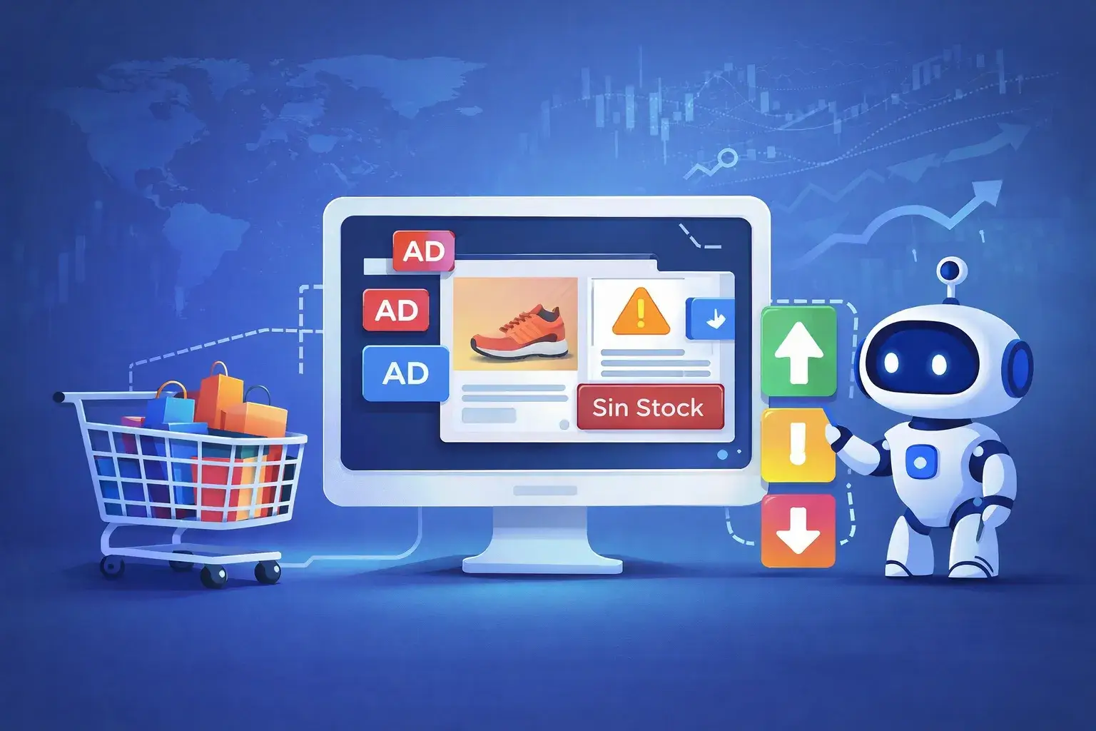 Ilustración de ecommerce con anuncios online conectados al stock en tiempo real mediante inteligencia artificial para evitar productos sin disponibilidad.