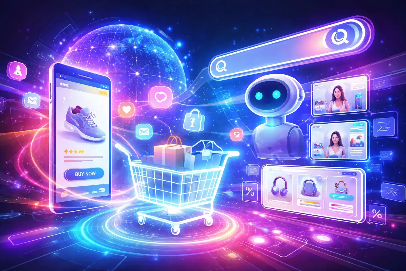 Ilustración futurista de publicidad digital en 2026 con IA, carrito de compra holográfico, búsqueda inteligente y comercio online asistido.