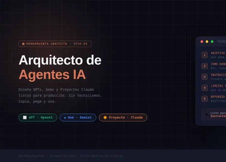 Arquitecto de Agentes IA: herramienta para diseñar GPTs, Gems y Proyectos Claude con fórmula de 5 bloques