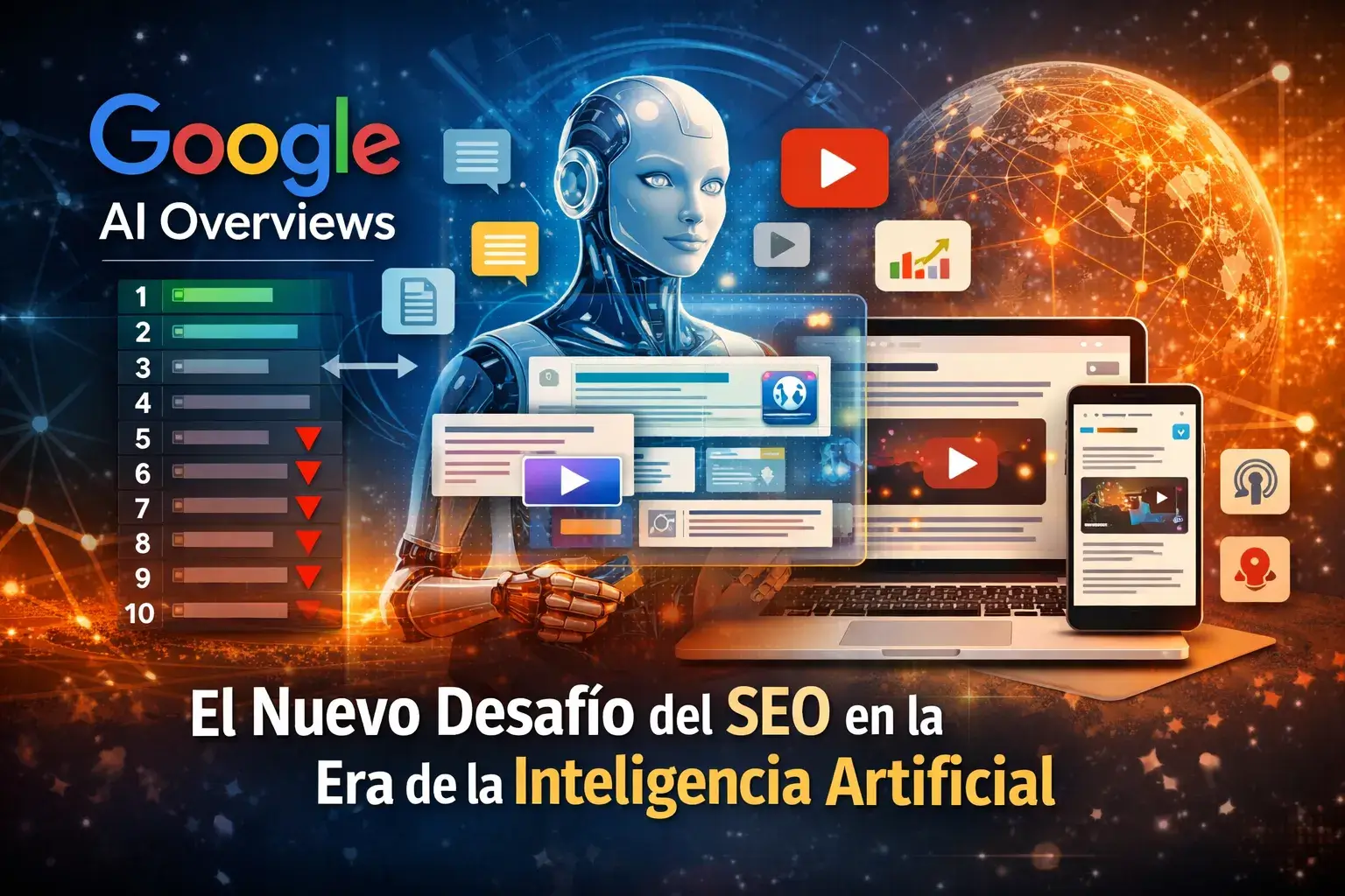 Ilustración sobre Google AI Overviews mostrando cómo la inteligencia artificial selecciona fuentes SEO más allá del top 10 con contenido web y YouTube.