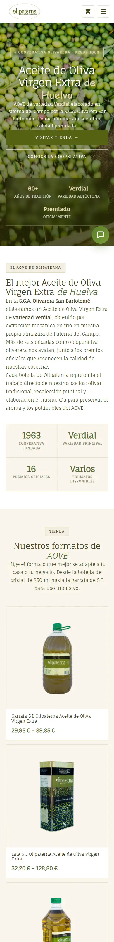 La tienda online de Olipaterna vista en el móvil