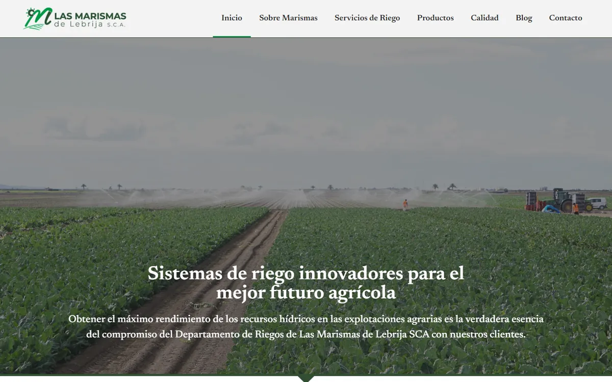 Portada de riego.marismas.es, la web del departamento de riego de Marismas de Lebrija